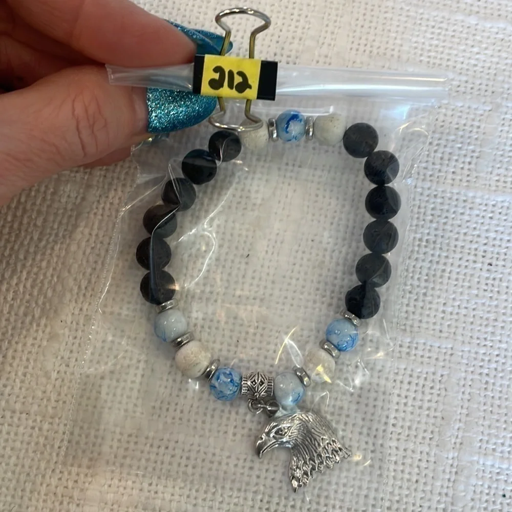 Lava rock blue natural stone silver Eagle charm stretch bracelet